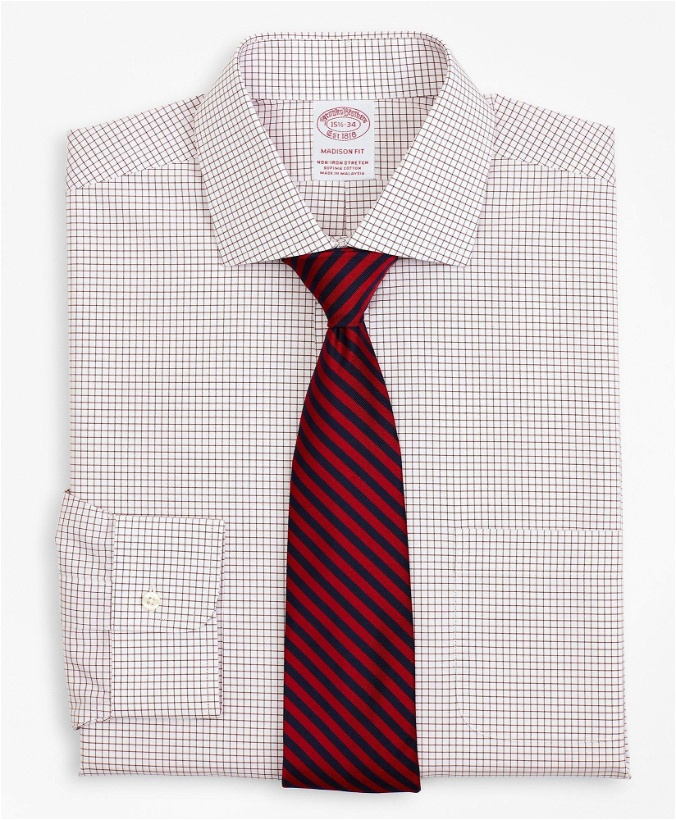 Photo: Brooks Brothers Men's Stretch Madison Relaxed-Fit Dress Shirt, Non-Iron Poplin English Collar Small Grid Check | Red
