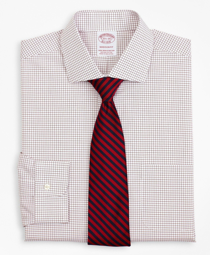 Photo: Brooks Brothers Men's Stretch Madison Relaxed-Fit Dress Shirt, Non-Iron Poplin English Collar Small Grid Check | Red