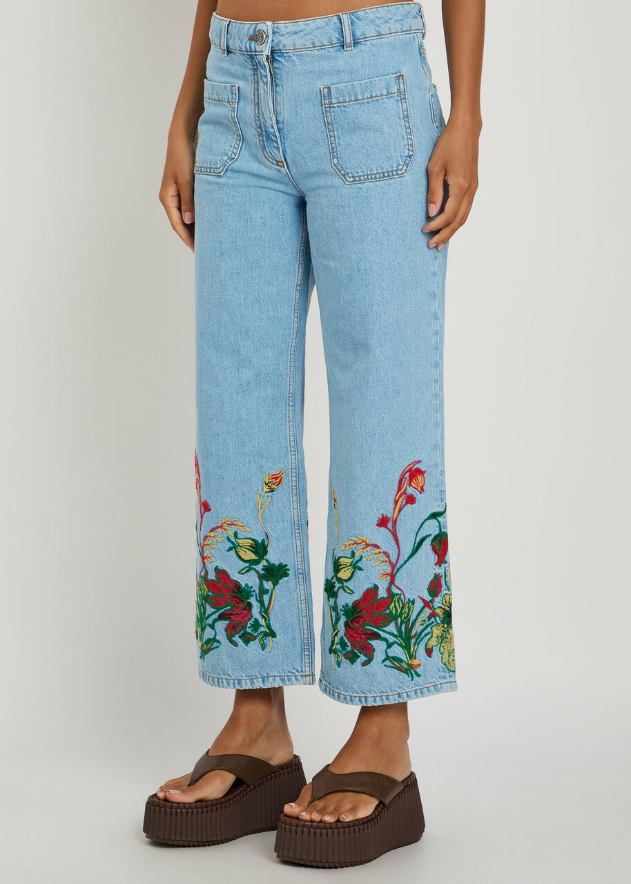 Etro Floral-embroidered Cropped Straight-leg Jeans Blue