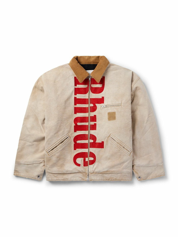 Photo: Rhude - Corduroy-Trimmed Logo-Print Distressed Cotton-Canvas Bomber Jacket - Neutrals