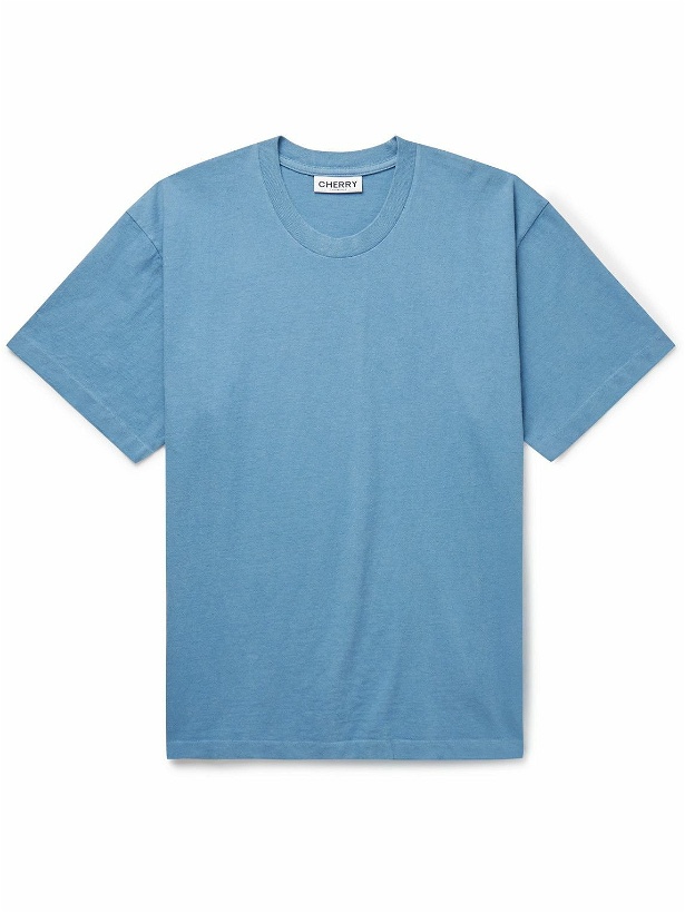 Photo: CHERRY LA - Garment-Dyed Embroidered Cotton-Jersey T-Shirt - Blue