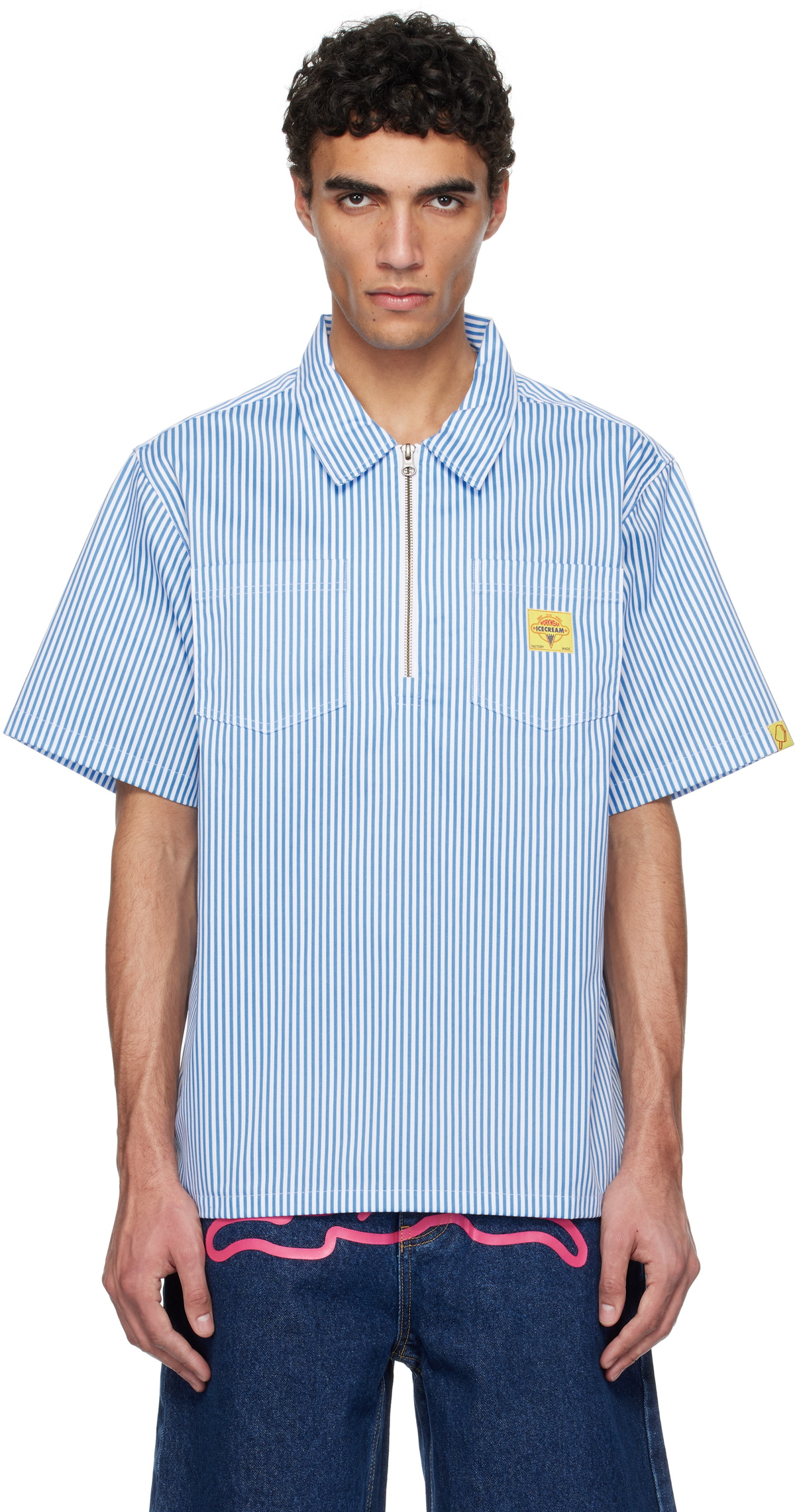 ICECREAM Blue & White Quarter Zip Work Shirt ICECREAM