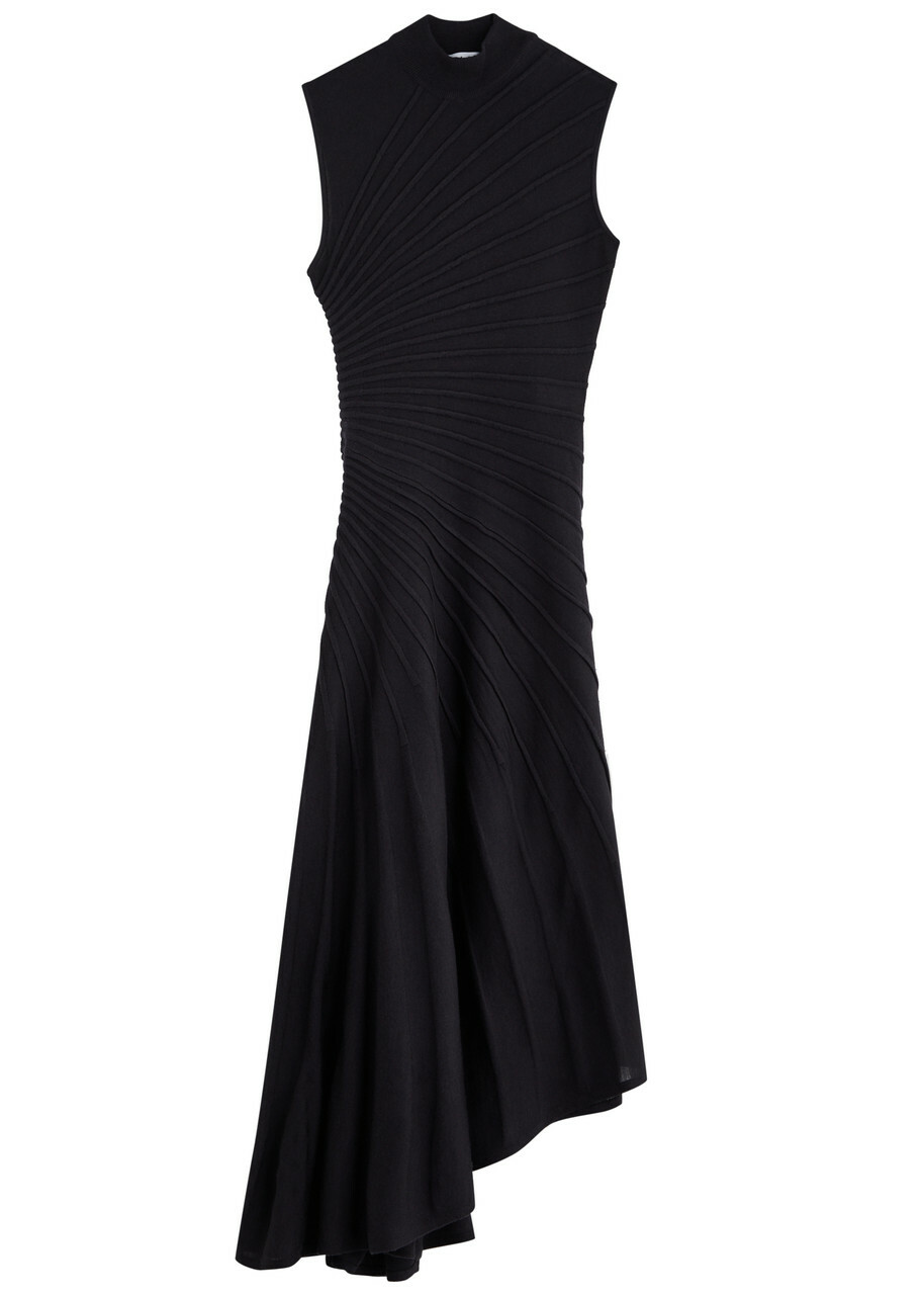 Alaïa Asymmetric Ribbed Wool Midi Dress Black