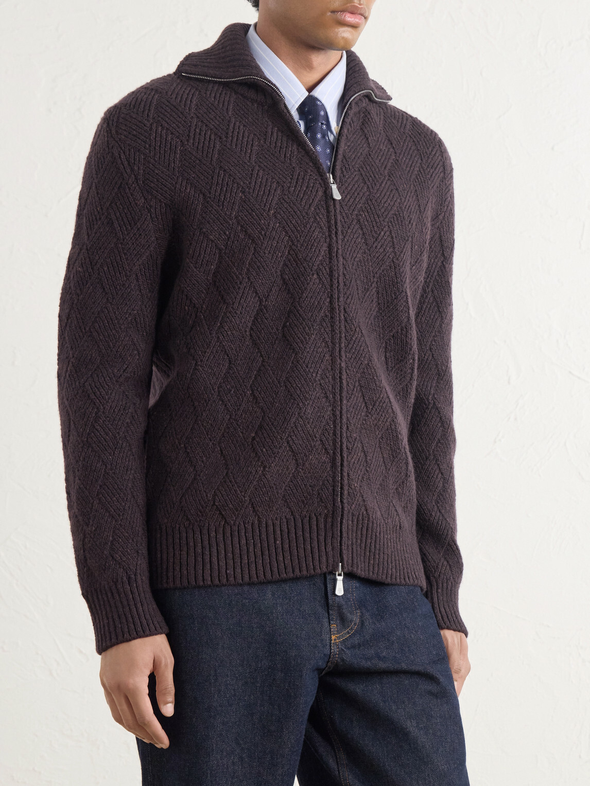 Eleventy - Cable-Knit Wool and Cashmere-Blend Zip-Up Sweater - Burgundy