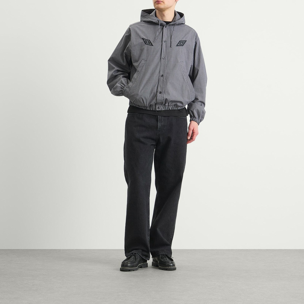 Umbro by Slam Jam Men's Gingham Masked Hooded Shirt Jacket in Coffee Brown/White/Black