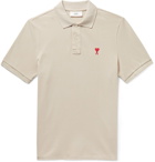 AMI PARIS - Logo-Embroidered Mélange Cotton-Piqué Polo Shirt - Neutrals