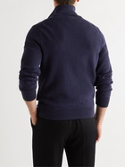 TOM FORD - Leather-Trimmed Ribbed Merino Wool Half-Zip Sweater - Blue