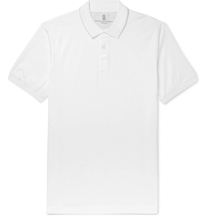 Photo: Brunello Cucinelli - Slim-Fit Contrast-Tipped Cotton-Piqué Polo Shirt - White