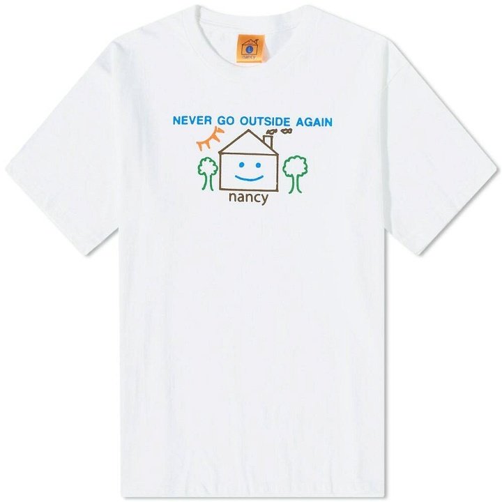 Photo: Nancy Men's Never Go Outside Again, Again T-Shirt in White