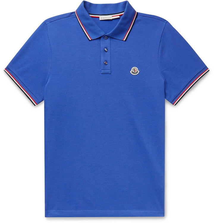 Photo: MONCLER - Slim-Fit Contrast-Tipped Logo-Appliquéd Cotton-Piqué Polo Shirt - Blue