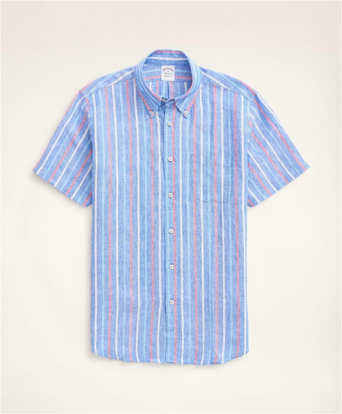 Photo: Brooks Brothers Men's Regent Regular-Fit Short-Sleeve Stripe Linen Sport Shirt | Blue