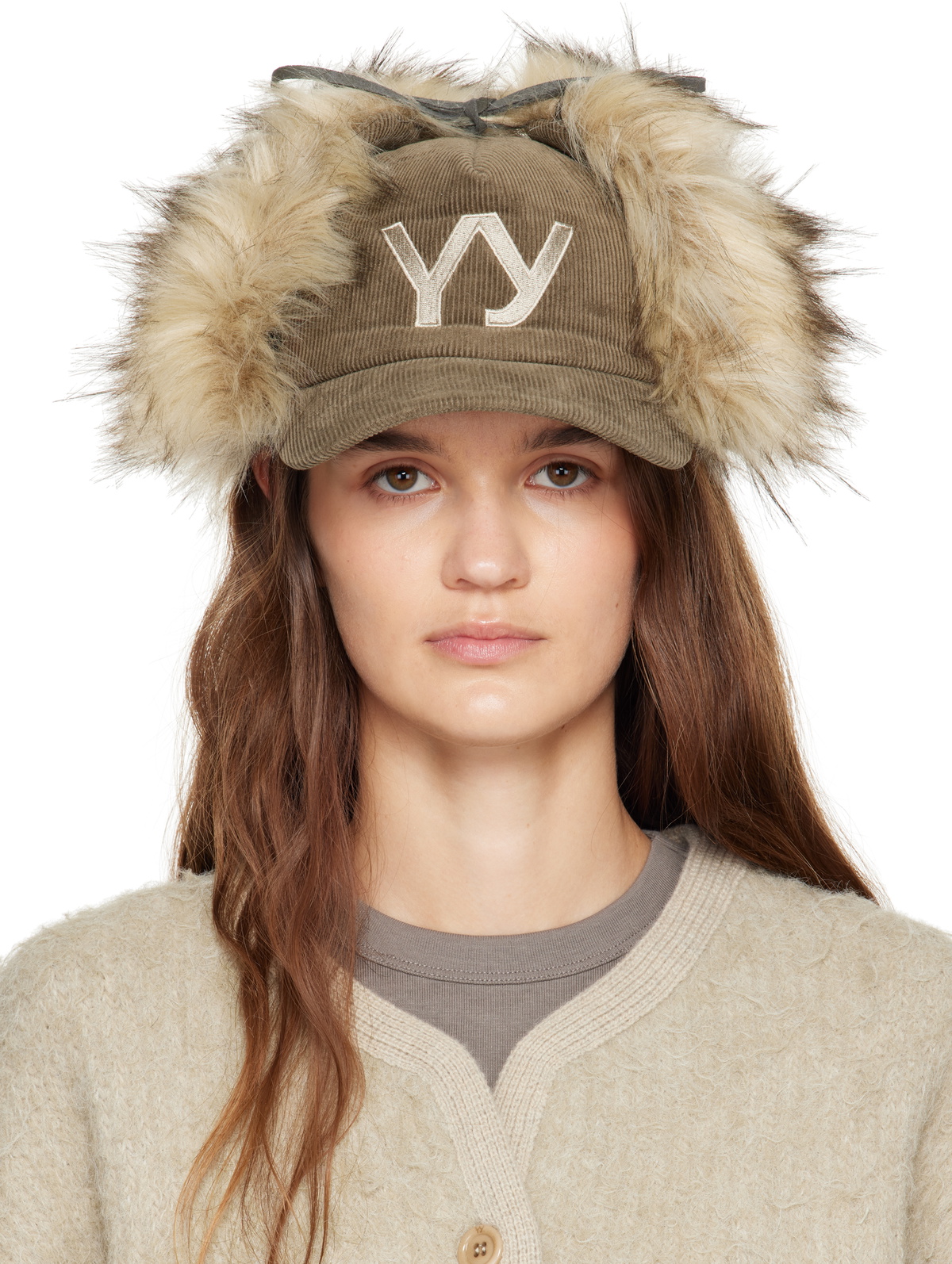 OPEN YY Khaki Faux Fur Corduroy Earflap Cap OPEN YY