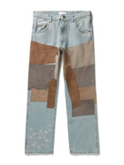 ERL - Straight-Leg Distressed Embroidered Suede-Panelled Jeans - Blue
