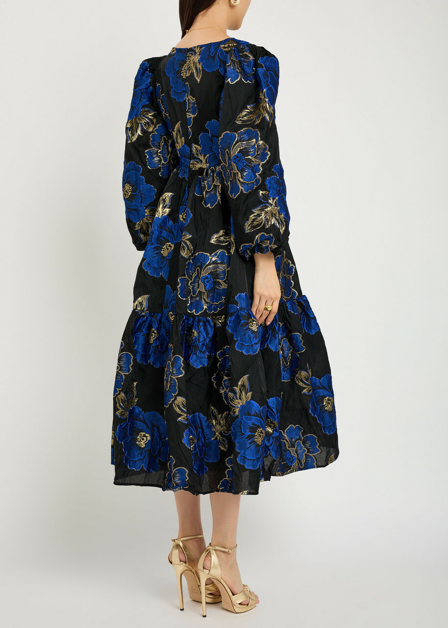 Sister Jane Blues Floral-jacquard Woven Midi Dress Blue