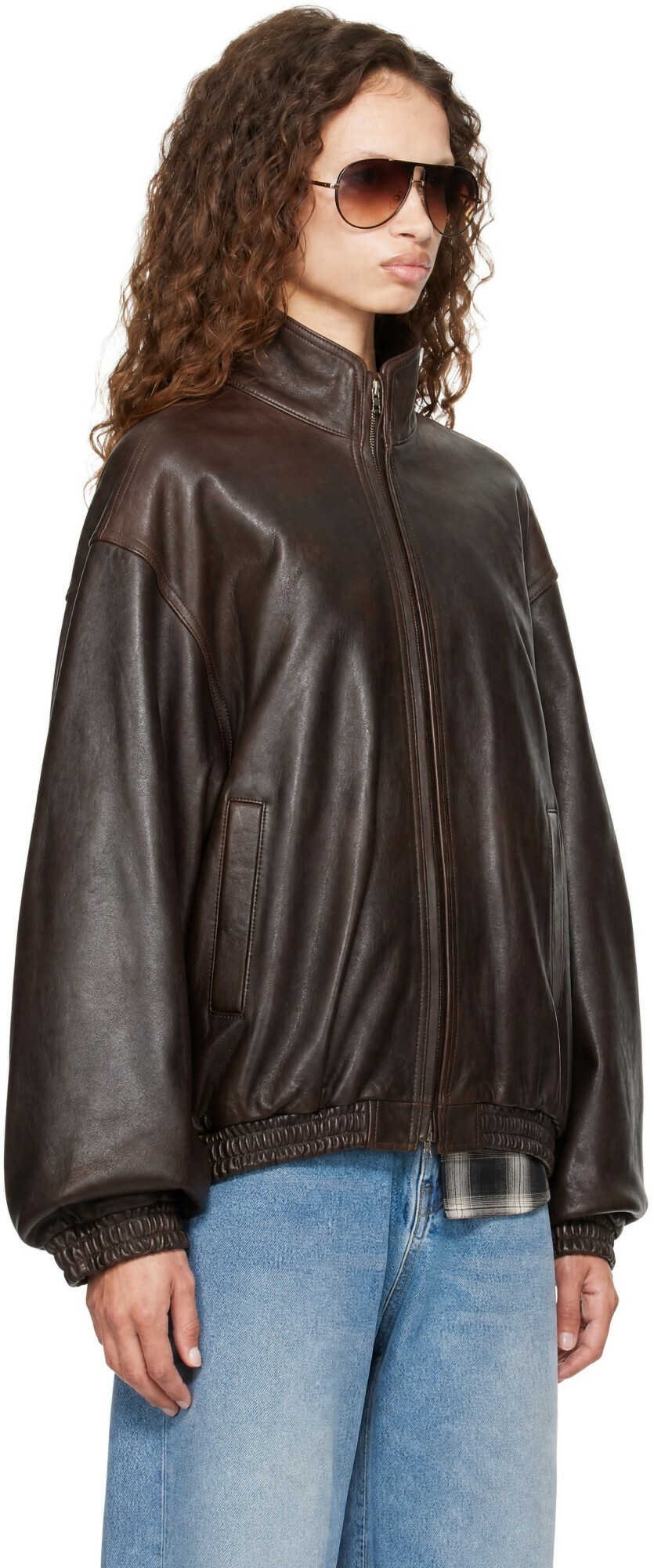 ssstein Brown Stand Collar Sheep Leather Jacket