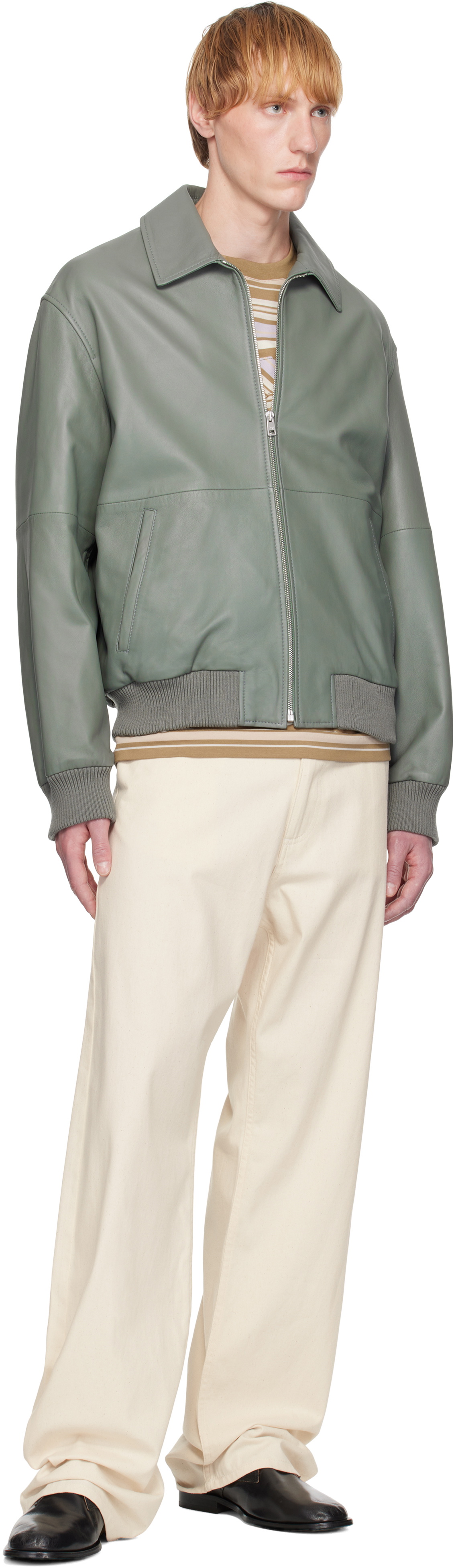 Maison Kitsuné Gray Zipped Leather Bomber Jacket Maison Kitsune