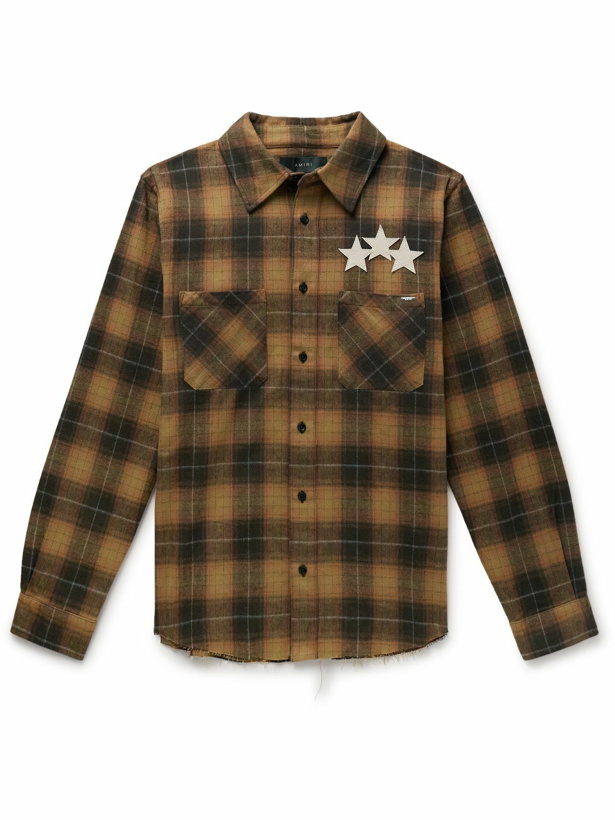 Photo: AMIRI - Leather-Appliquéd Logo-Embroidered Checked Cotton-Flannel Shirt - Brown