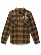 AMIRI - Leather-Appliquéd Logo-Embroidered Checked Cotton-Flannel Shirt - Brown