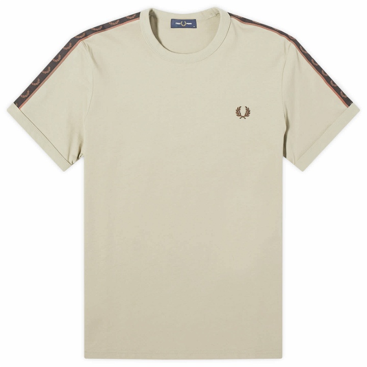 Photo: Fred Perry Men's Contrast Tape Ringer T-Shirt in Warm Grey/Brick