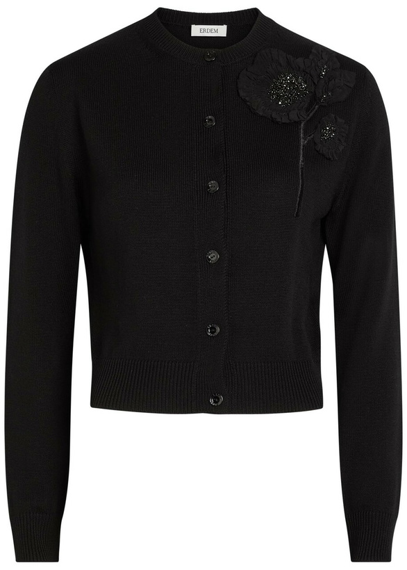 Photo: Erdem Floral-embellished Merino Wool Cardigan Black