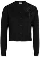 Erdem Floral-embellished Merino Wool Cardigan Black
