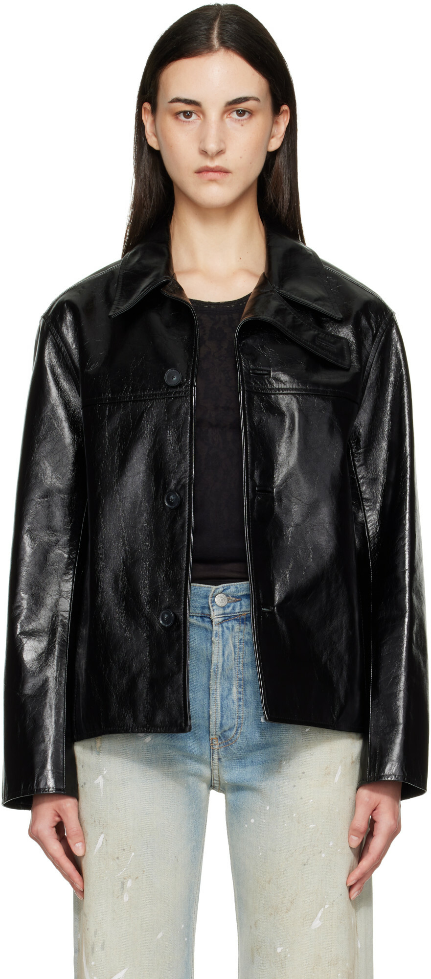 Commission Black Curve Flap Leather Jacket