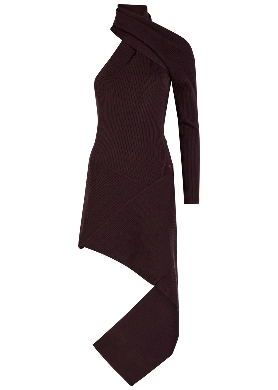 Courrèges Asymmetric One-shoulder Ribbed-knit Mini Dress Burgundy