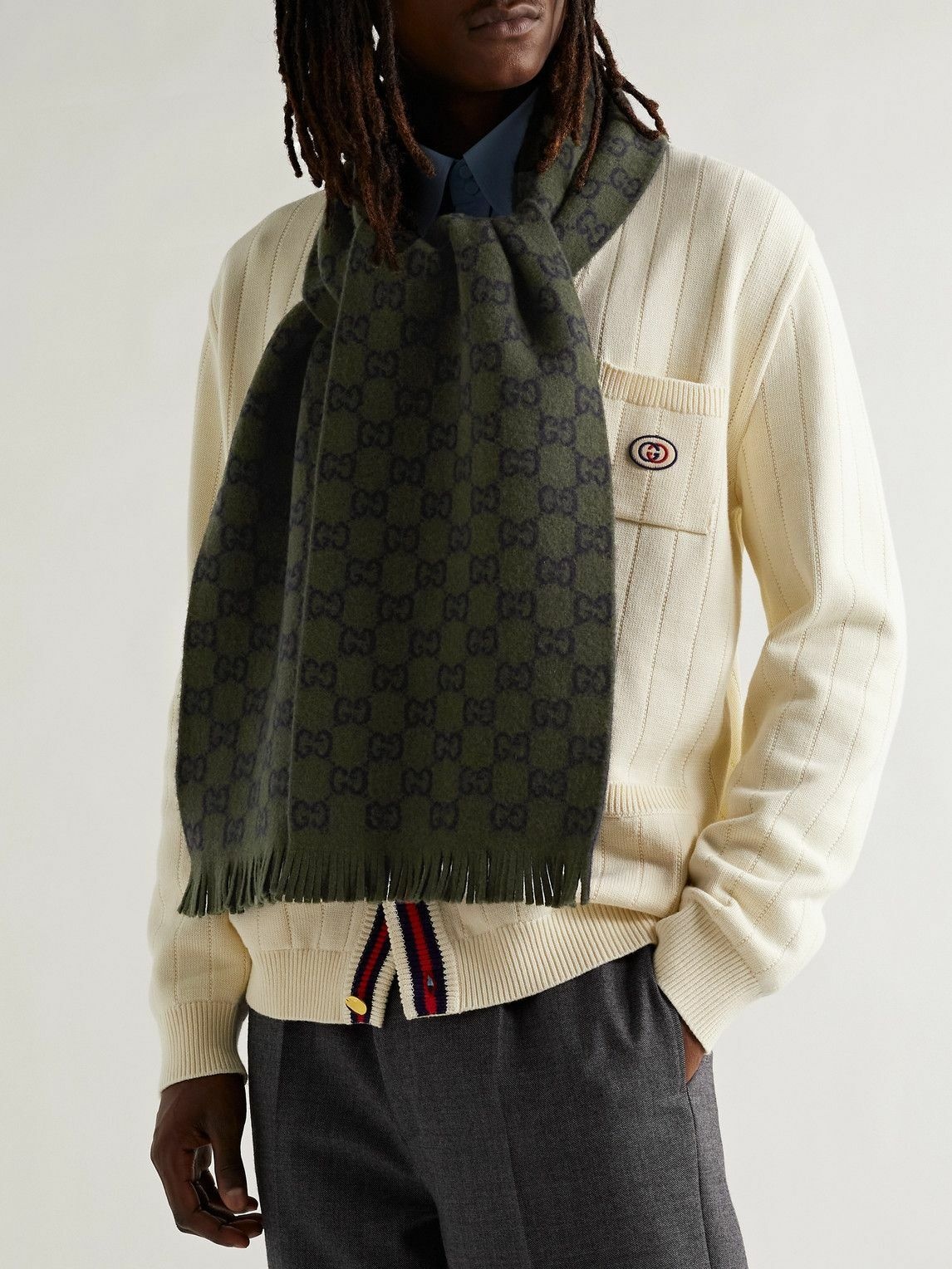GUCCI Fringed Logo-Jacquard Wool and Silk-Blend Scarf for Men