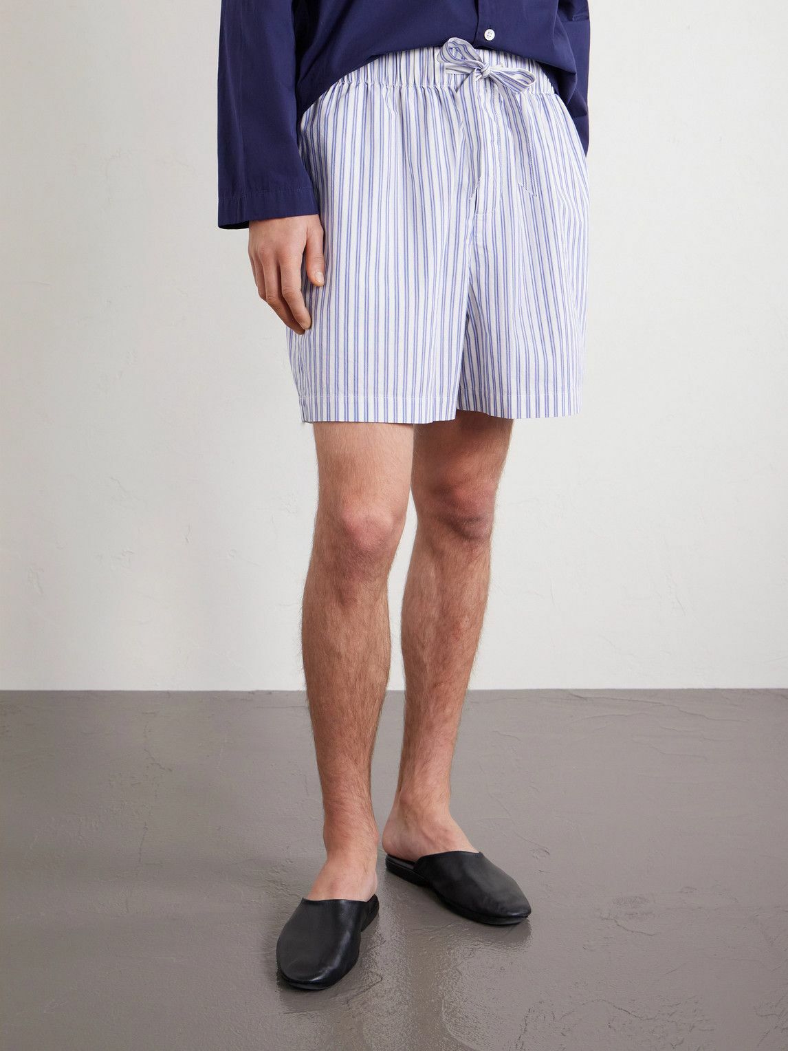 TEKLA - Straight-Leg Striped Organic Cotton-Poplin Shorts - Blue