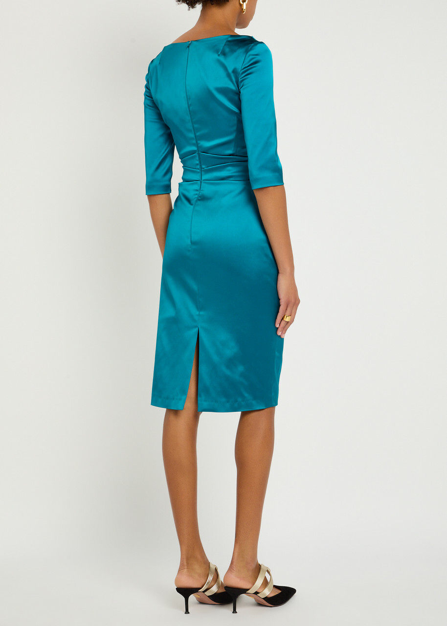 Talbot Runhof Gathered Satin Midi Dress Teal