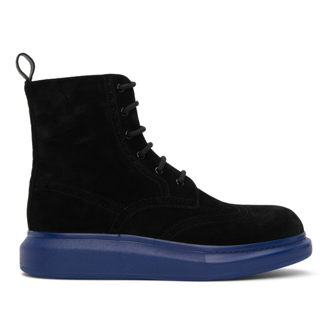 Photo: Alexander McQueen SSENSE Exclusive Black and Blue Hybrid Brogue Boots