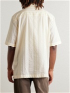 Sunspel - Convertible-Collar Embroidered Striped Cotton Shirt - Neutrals
