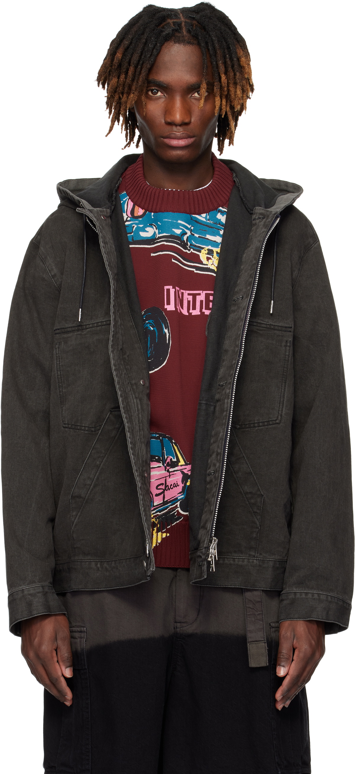 sacai Gray Hooded Denim Jacket Sacai