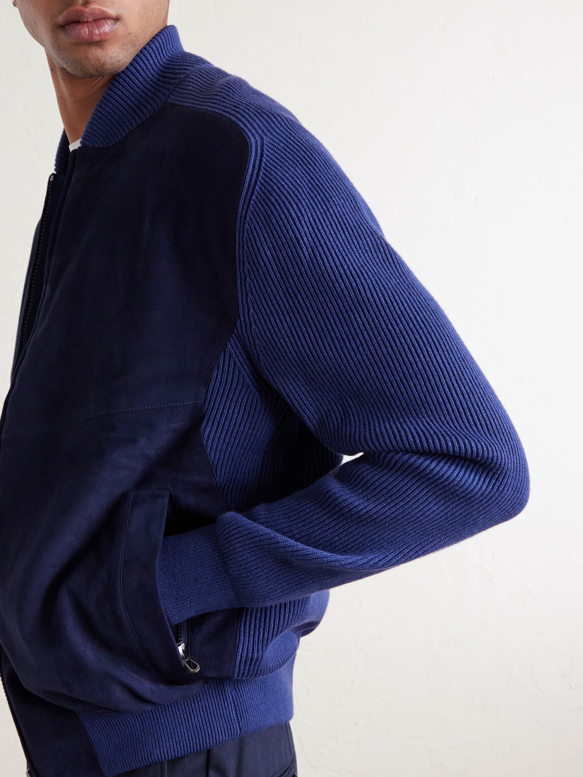 SEASE - Suede and Ribbed Cotton and Cashmere-Blend Bomber Jacket - Blue