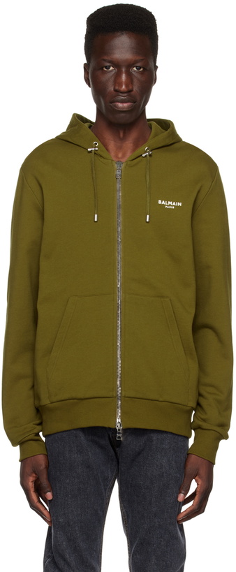 Photo: Balmain Khaki Flocked Hoodie