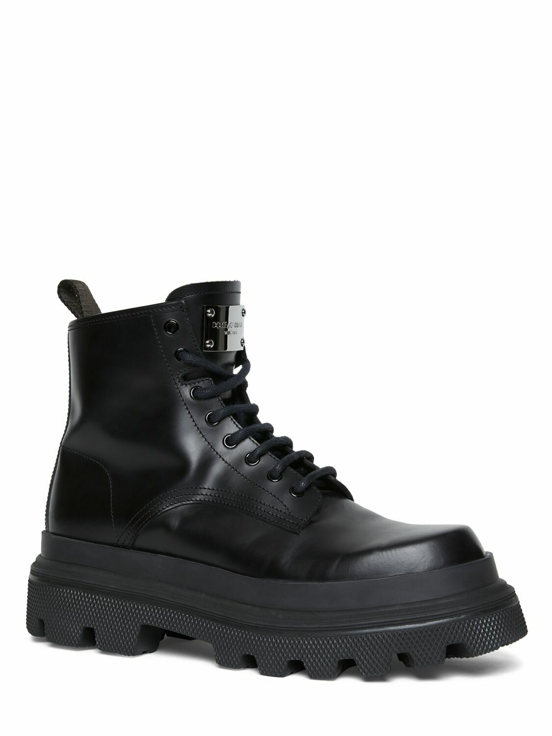 DOLCE & GABBANA - Leather Combat Boots W/logo Plaque Dolce