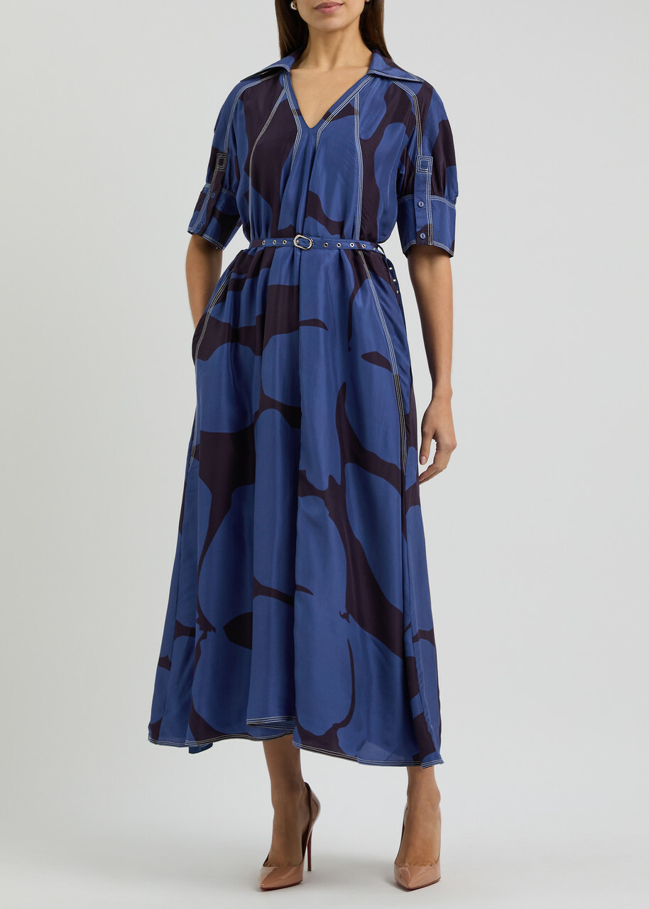 Lovebirds Printed Belted Silk Midi Dress Navy