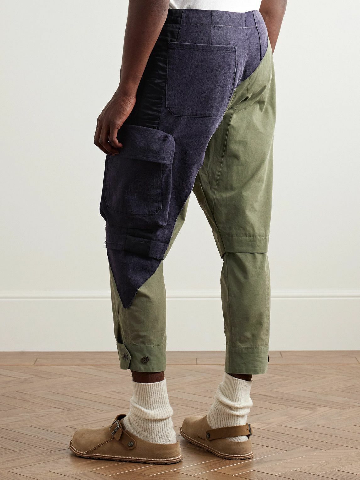 Greg Lauren - Tapered Panelled Cotton-Canvas and Denim Cargo Trousers - Green