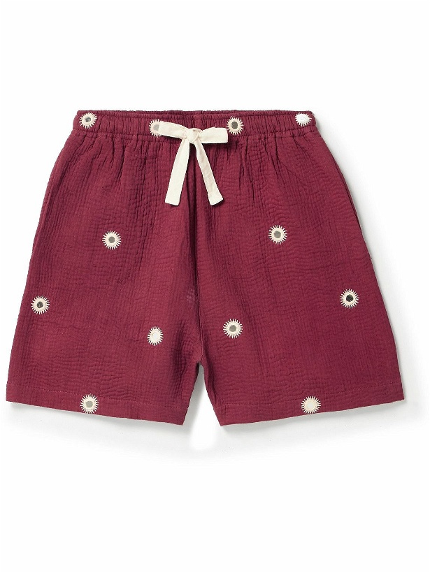 Photo: Karu Research - Straight-Leg Embellished Embroidered Quilted Cotton Shorts - Red