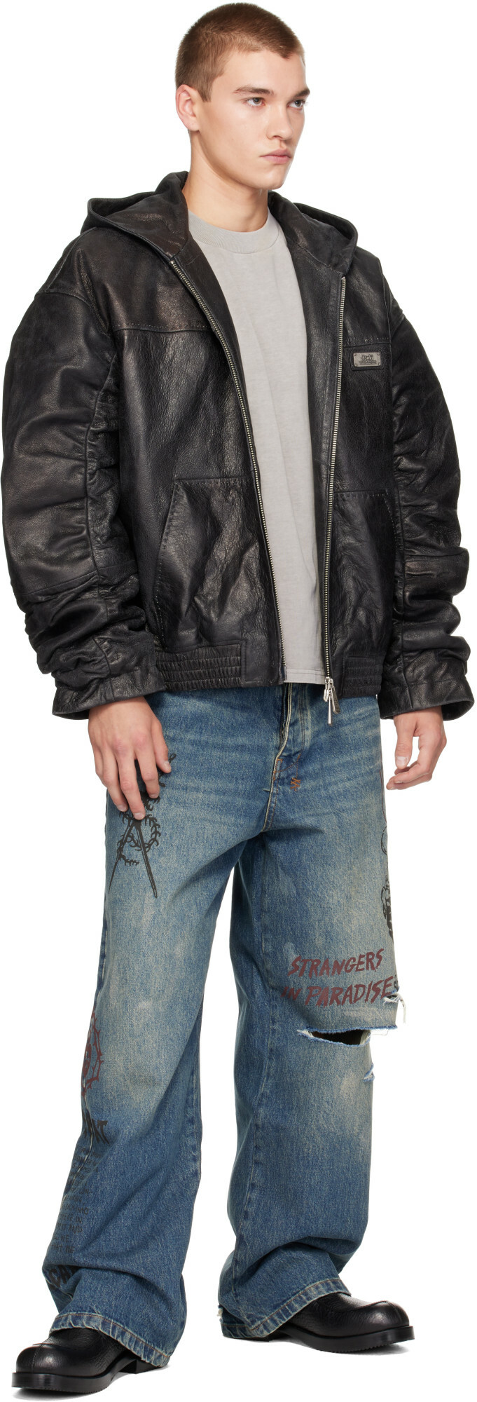 Ksubi Black Slouchy Leather Bomber Jacket