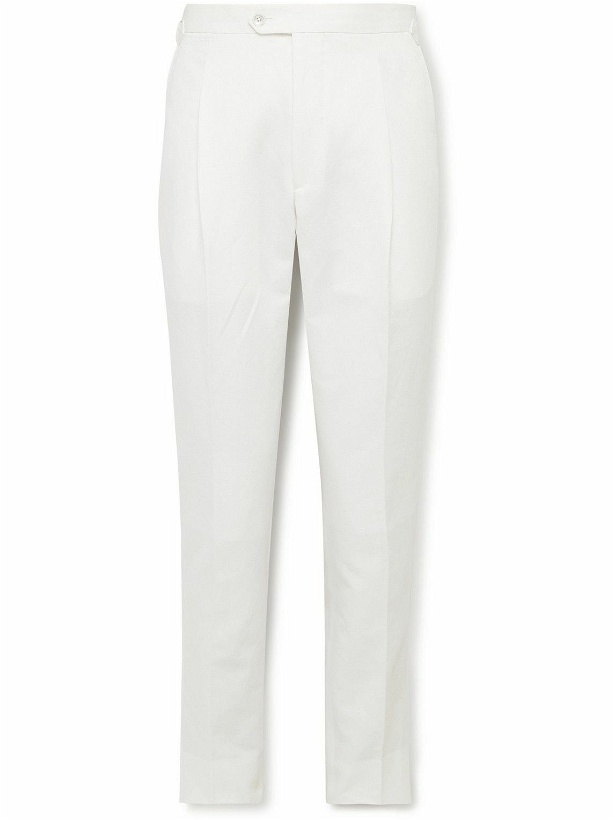 Photo: Saman Amel - Slim-Fit Pleated Cotton and Linen-Blend Twill Trousers - Neutrals