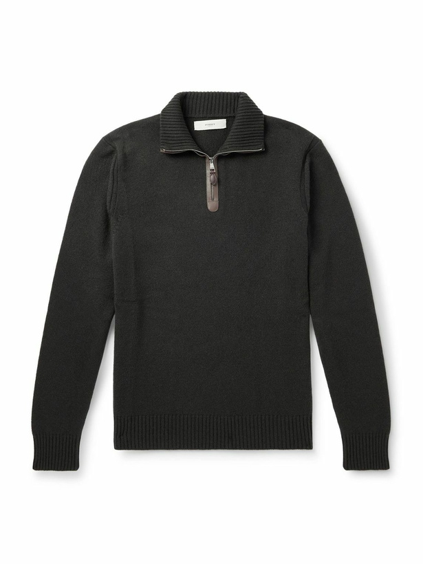 Photo: Purdey - Leather-Trimmed Cashmere Half-Zip Sweater - Green