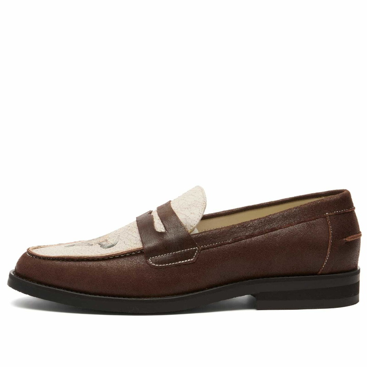 Photo: Duke + Dexter Men's Wilde Cracked Bison Skull Penny Loafer in Brown/White