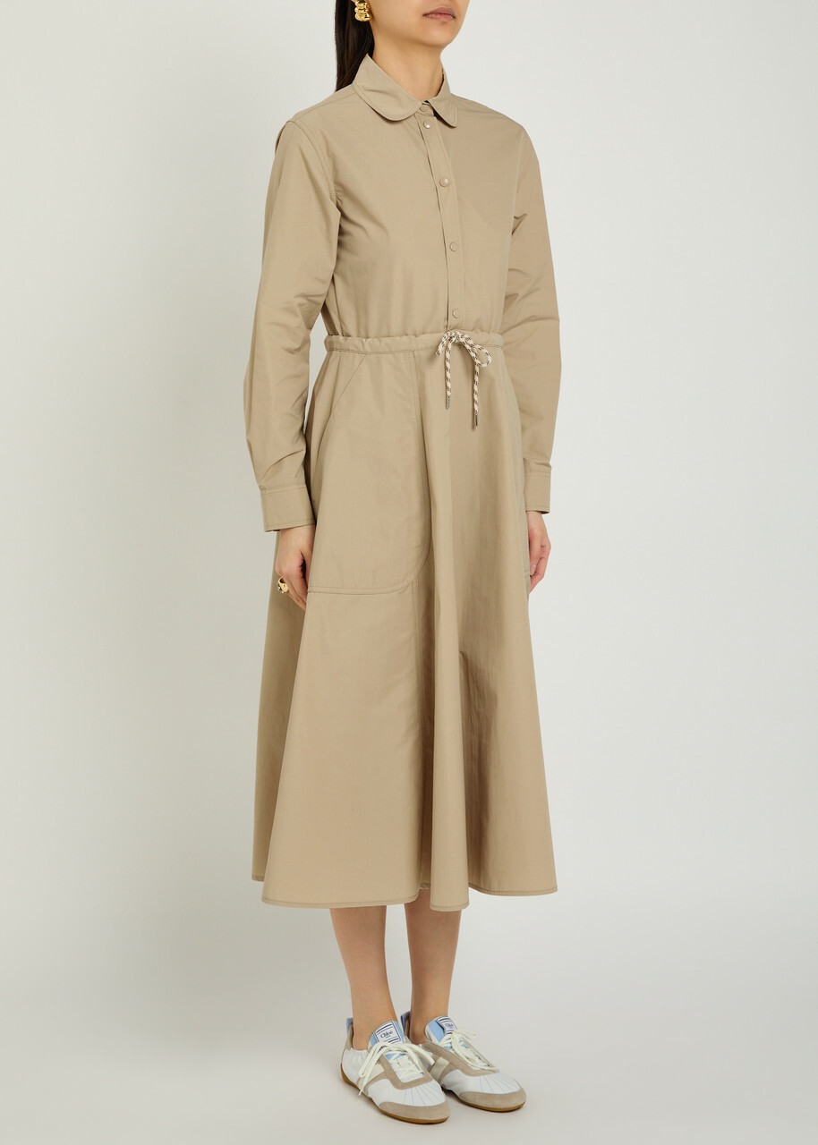 Moncler Drawstring Poplin Midi Shirt Dress Beige