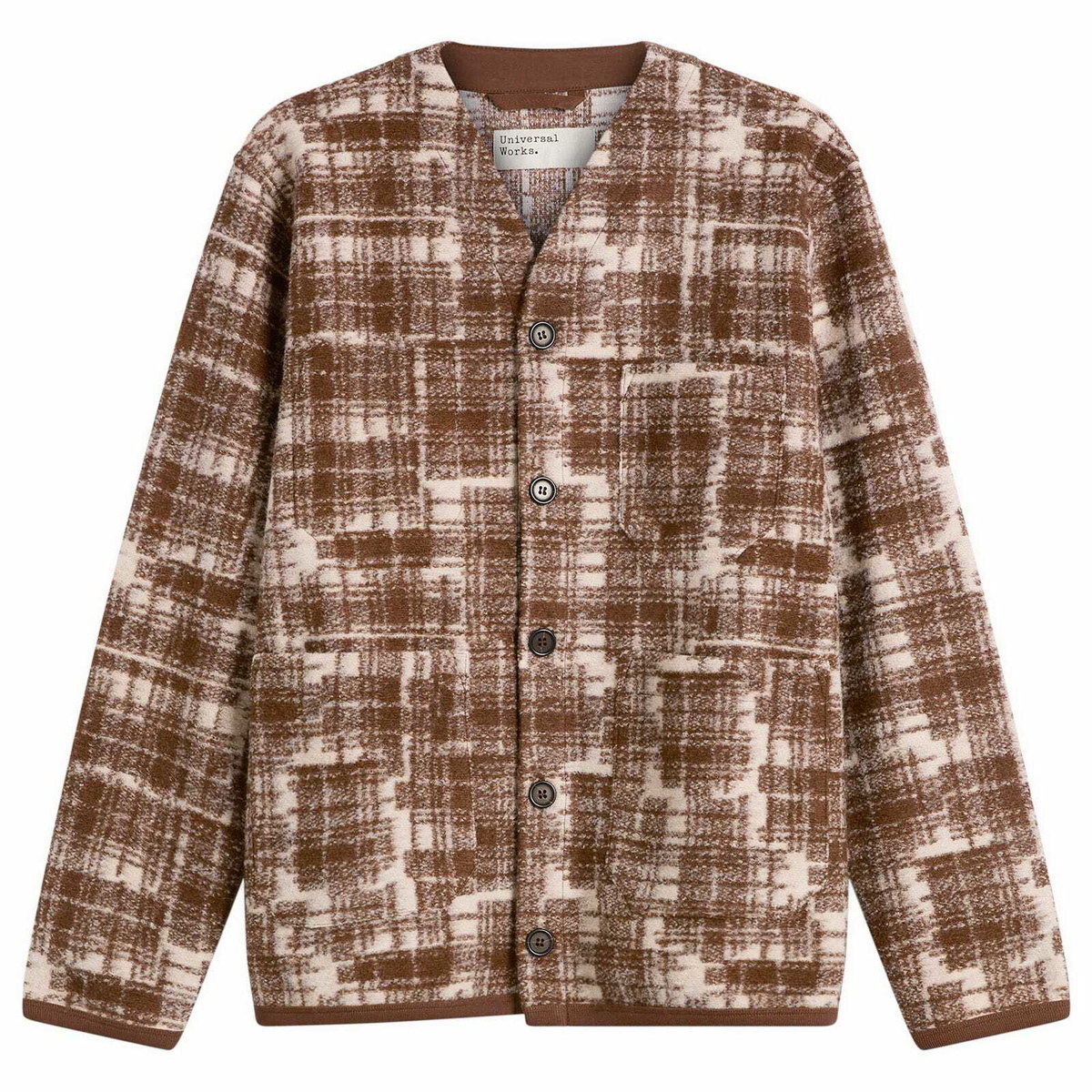 Universal Works Men's Patch Check Fleece Cardigan in Sand