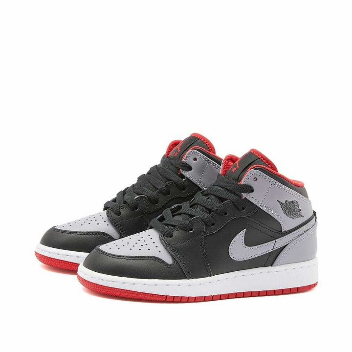 Photo: Air Jordan Men's 1 Mid GS Sneakers in Cement Grey/Fire Red/White