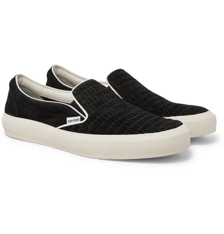Photo: TOM FORD - Cambridge Leather-Trimmed Woven Suede Slip-On Sneakers - Black