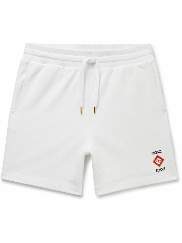 Photo: Casablanca - Straight-Leg Logo-Appliquéd Organic Cotton-Jersey Drawstring Shorts - White