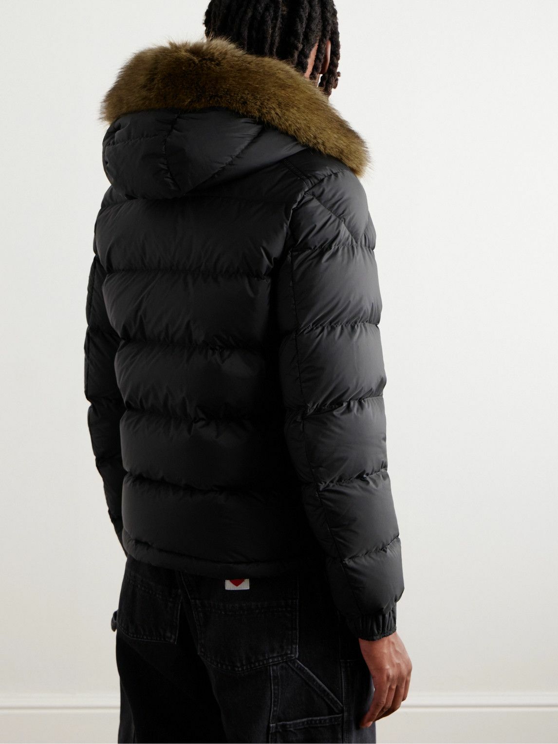 Faux fur-trimmed quilted shell hooded coat