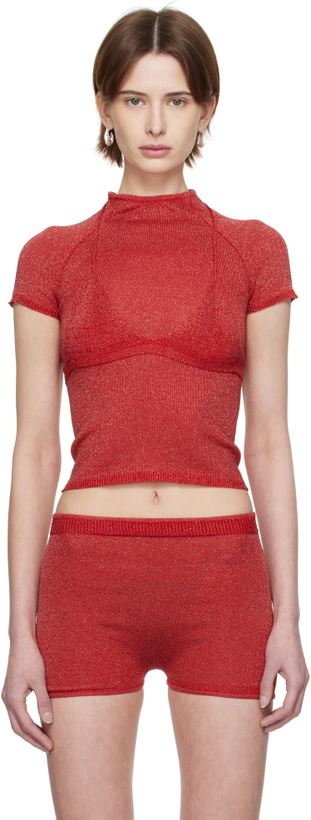 Photo: Isa Boulder SSENSE Exclusive Red Knitted Malley Bra & Jia Baby T-shirt